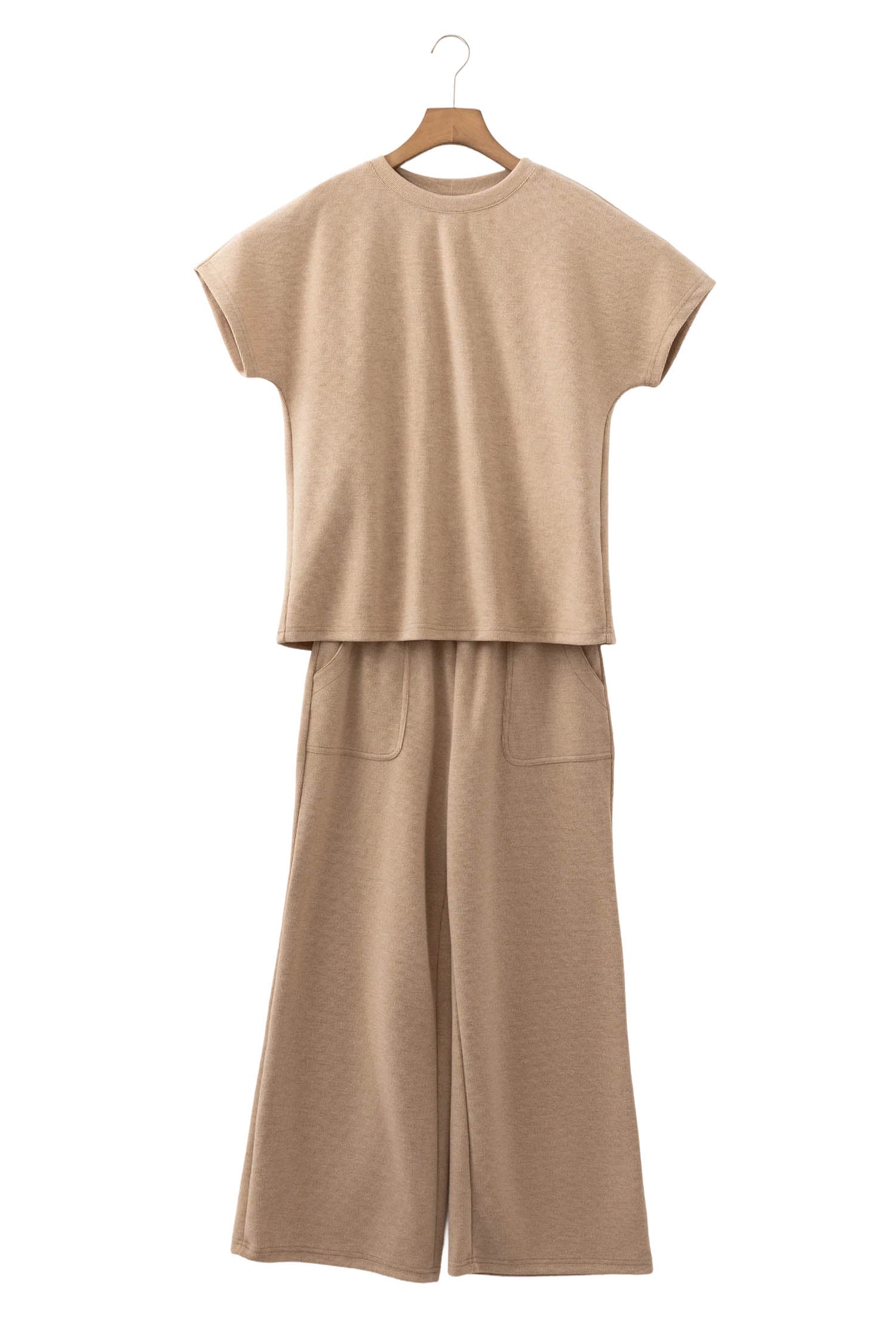Light French Beige Solid Color Short Sleeve Ribbed Top Casual Pants 2pcs Set