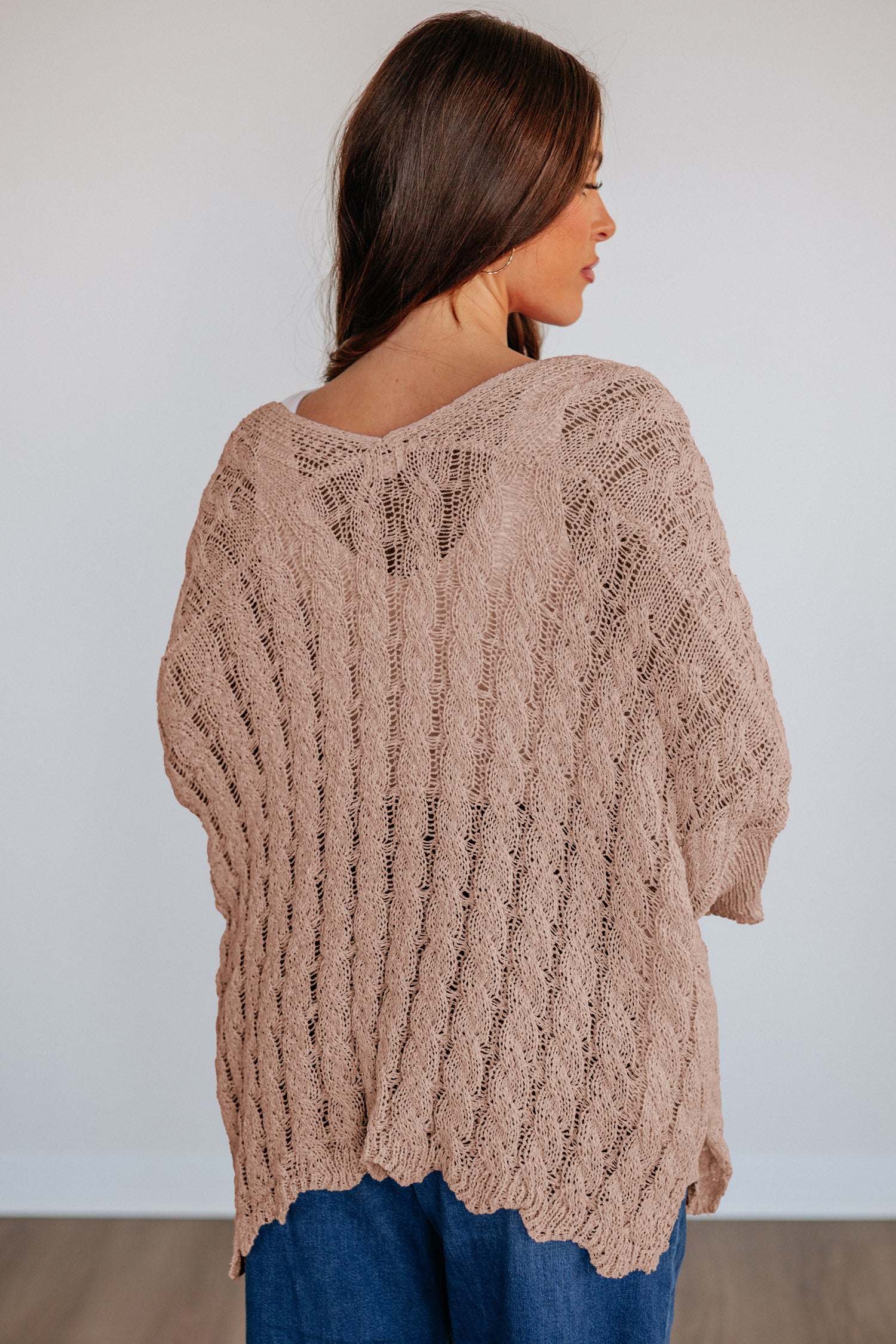 Old Rose Drop Shoulder Crochet Knit Open Front Cardigan