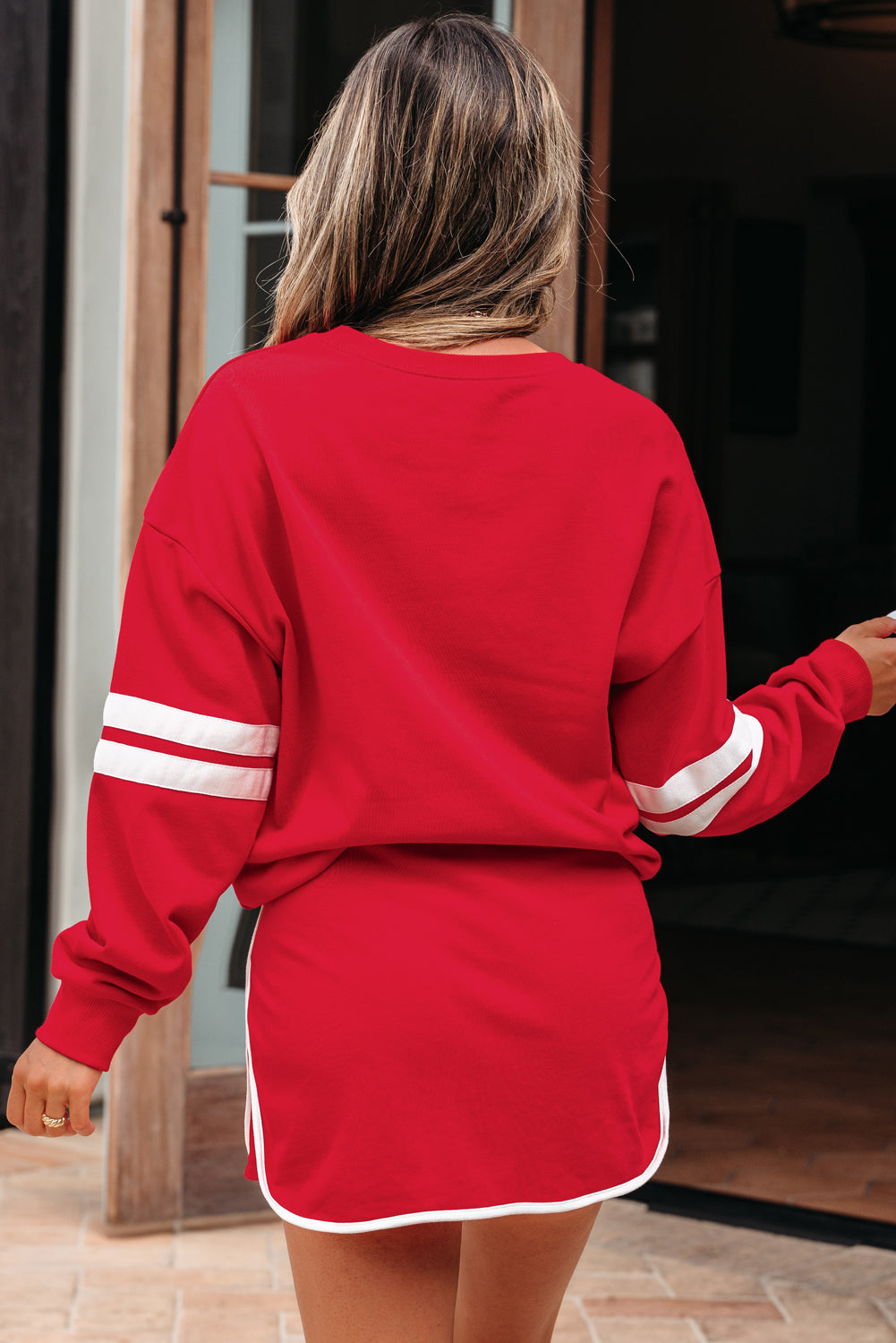 Black Varsity Stripe Detail Drop Shoulder Pullover Mini Skort Set