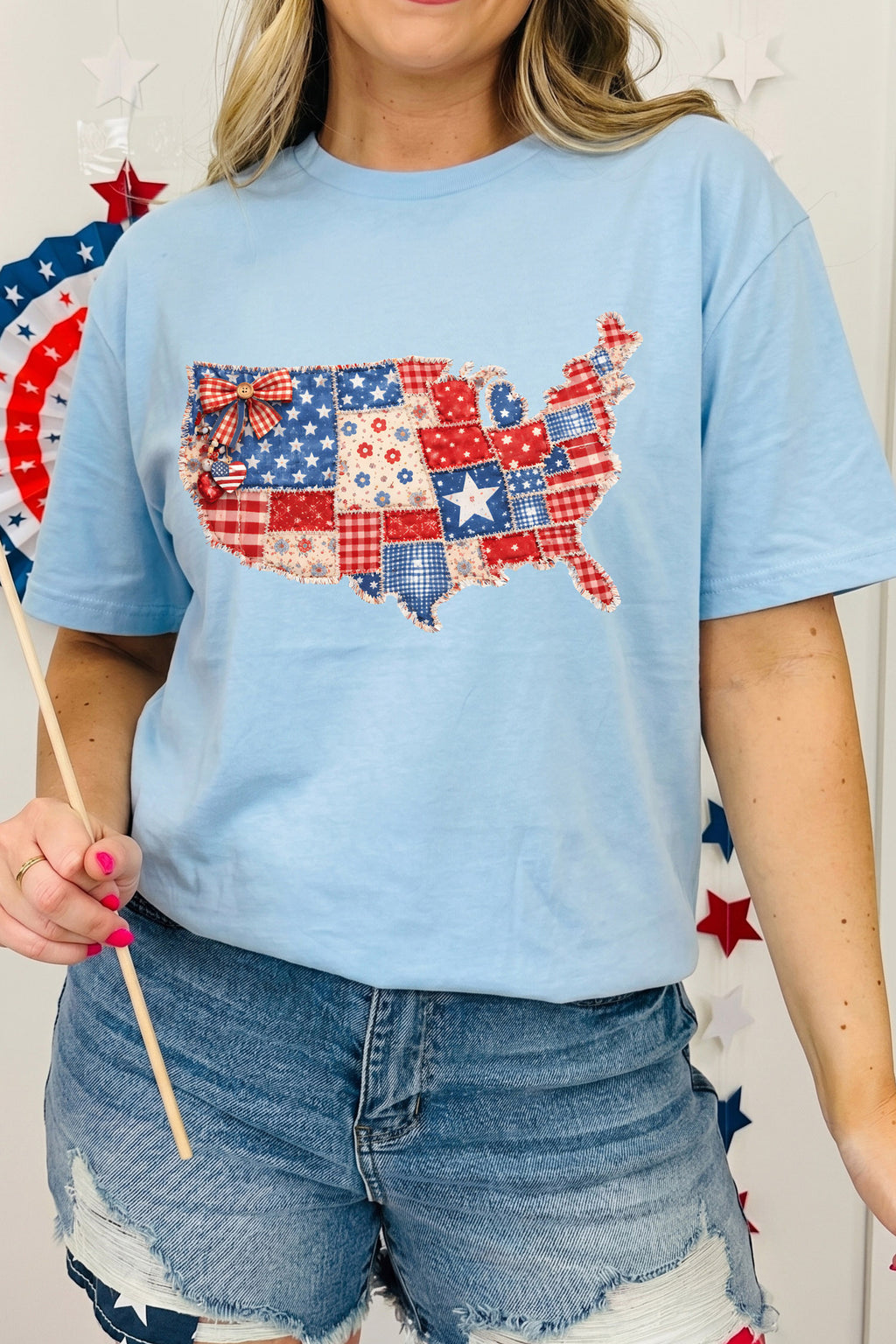 Light Blue Faux Patchwork Print American Patriotic Graphic Tee