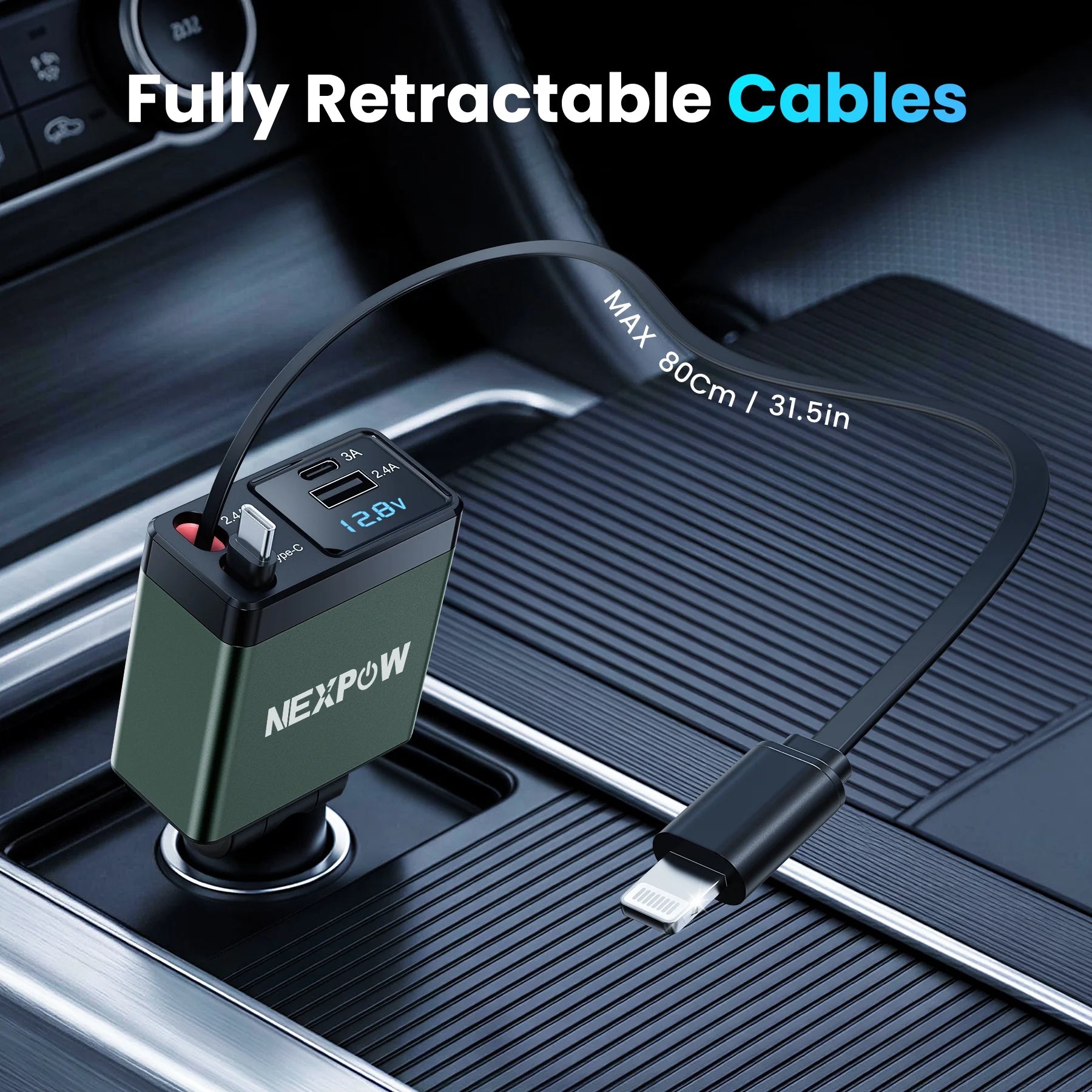Retractable Car Charger Adapter, 150W Fast Charger for Car, 4 in 1 Car Phone Charger with Cables(2.6Ft), 180° Adjustable,Voltage Display-Green