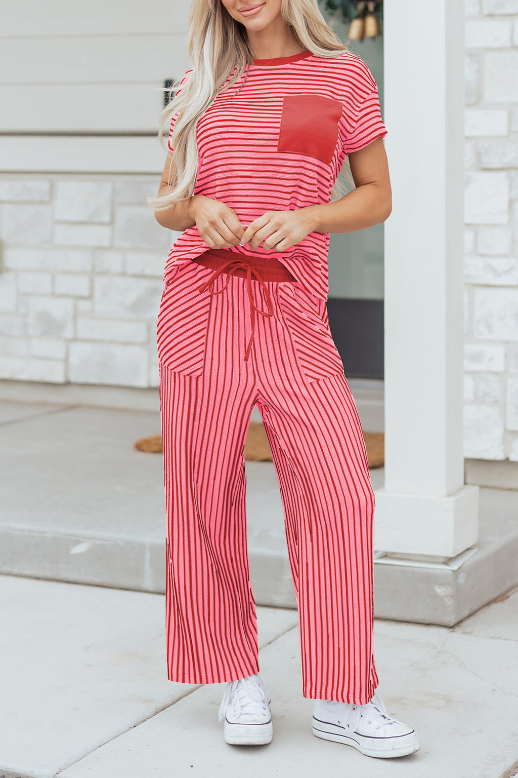 Green Stripe Crew Neck Tee Drawstring Waist Cropped Pants Set