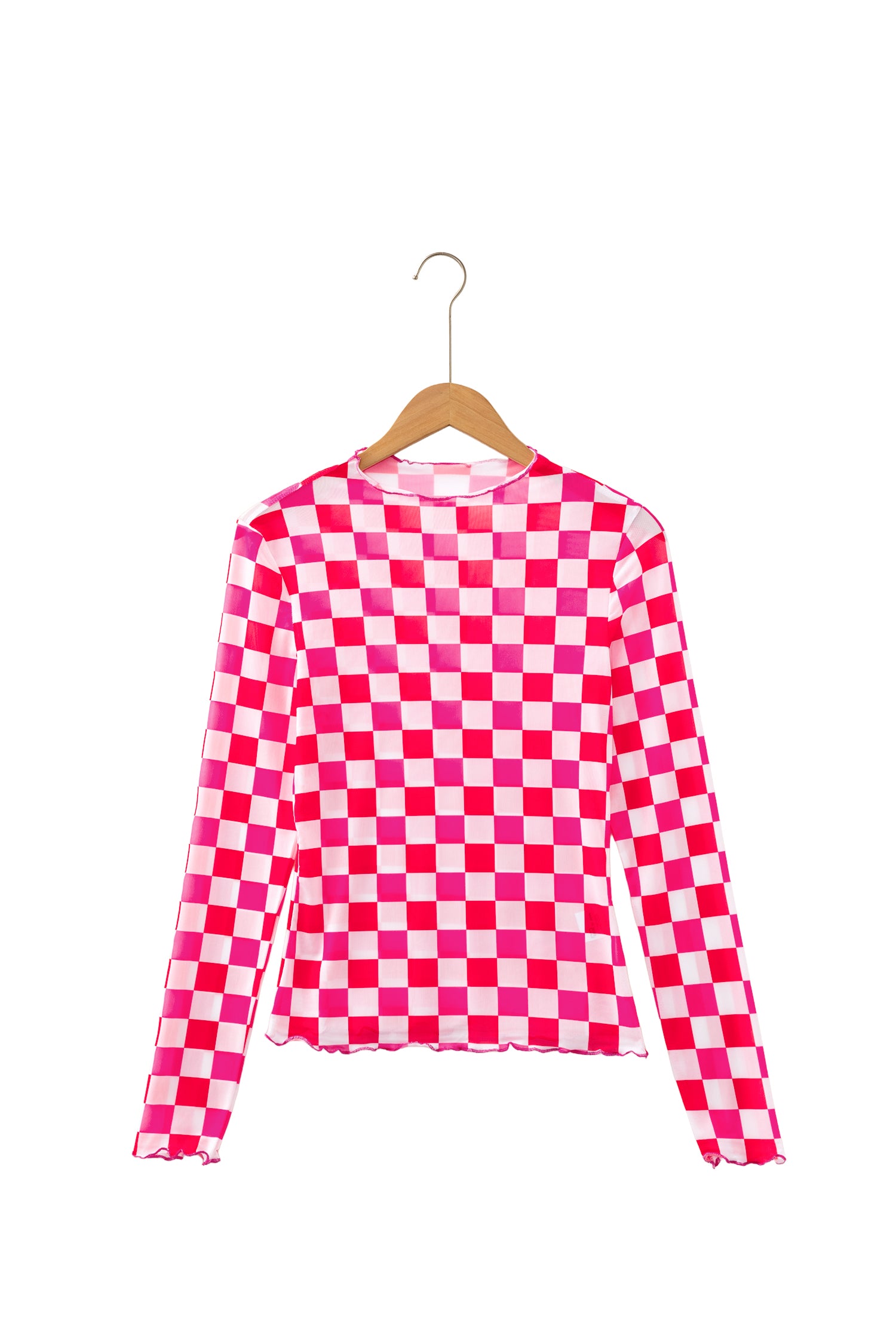 Rose Plaid Heart Mesh Sheer Long Sleeve High Neck Blouse
