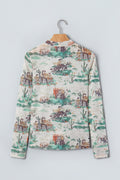 Green Western Print Long Sleeve Round Neck Slim Top