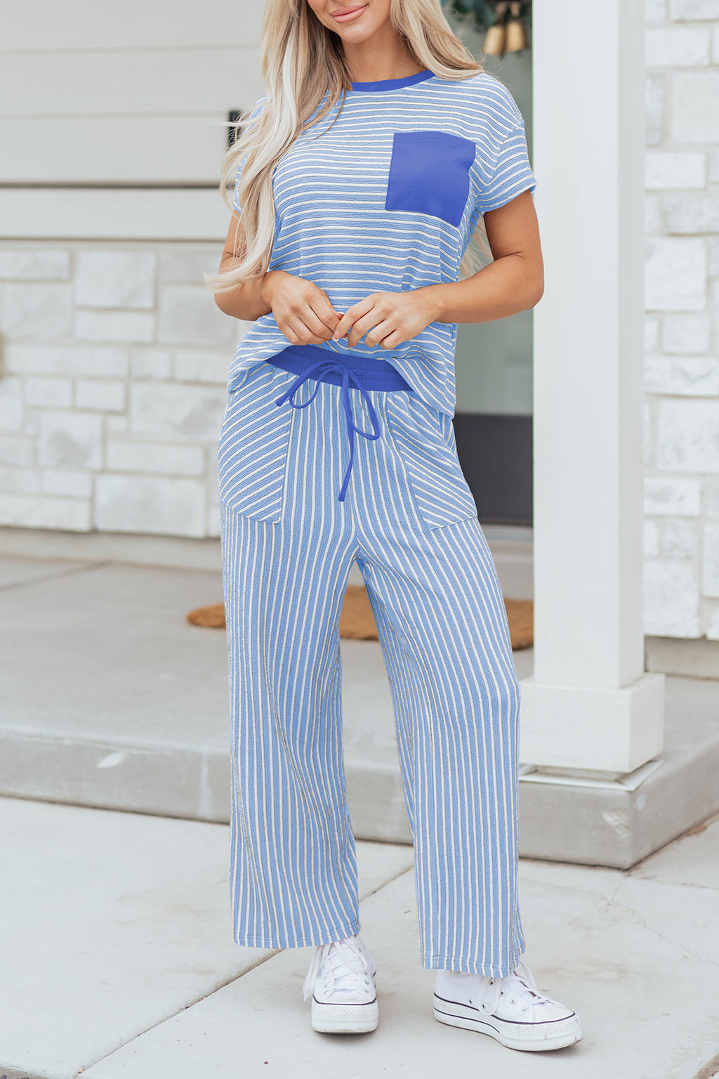 Green Stripe Crew Neck Tee Drawstring Waist Cropped Pants Set