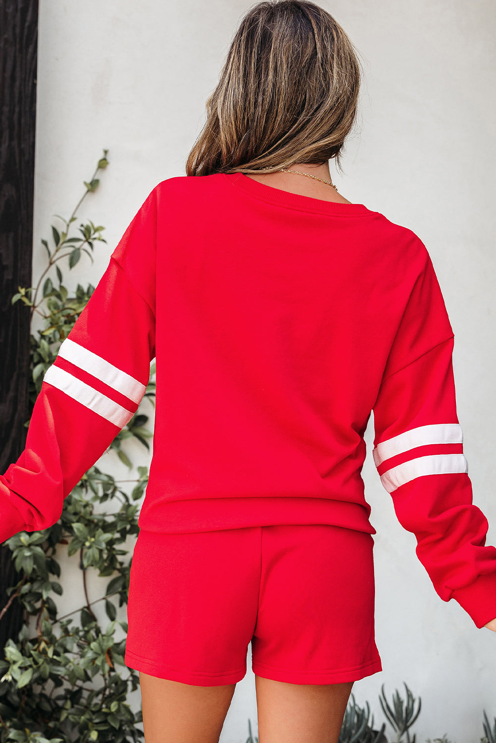 Evergreen Varsity Striped Sleeve Drop Shoulder Sweatshirt and Short Set