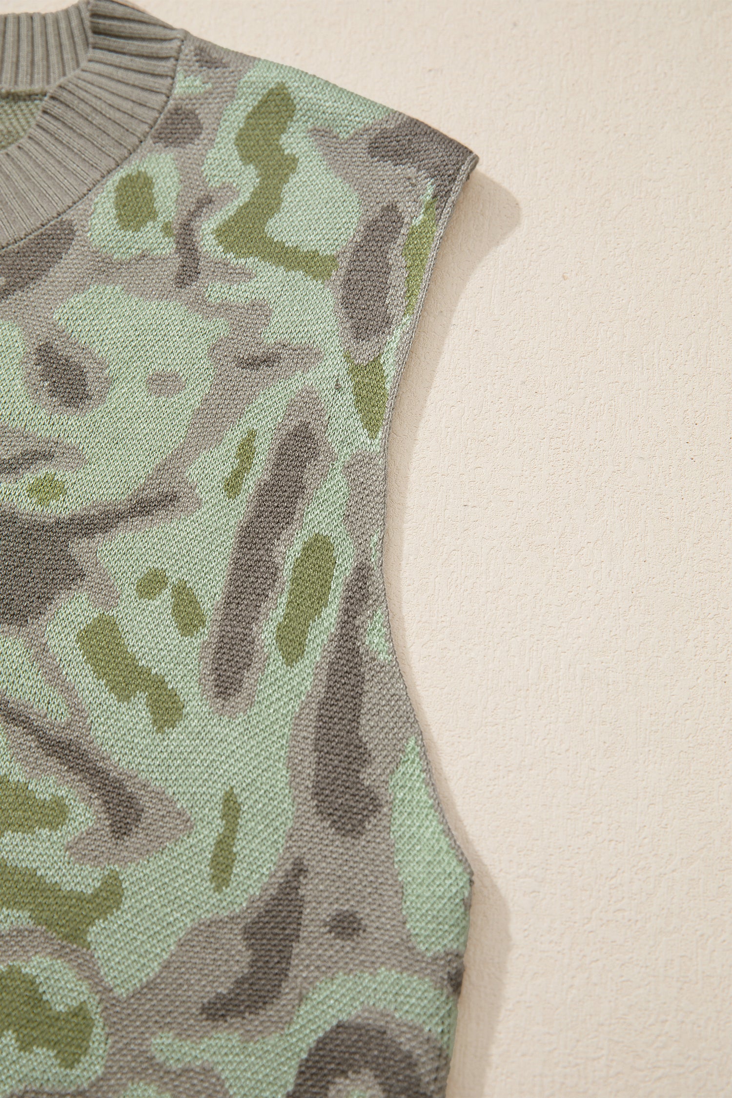 Green Camo Print Button Front Loose Sweater Vest