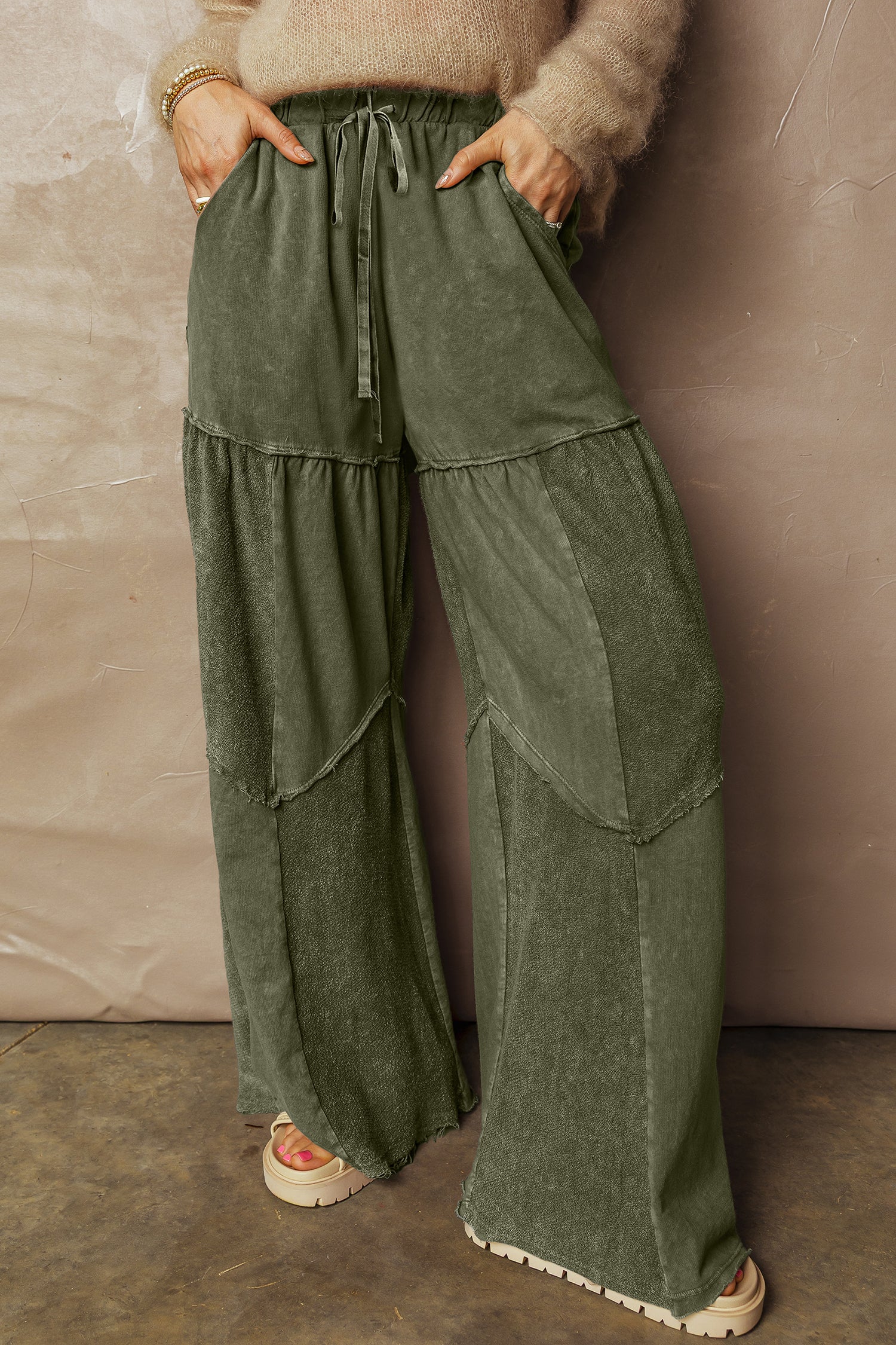 Vineyard Green Mineral Wash Tiered Wide Leg Patchwork Drawstring Pants