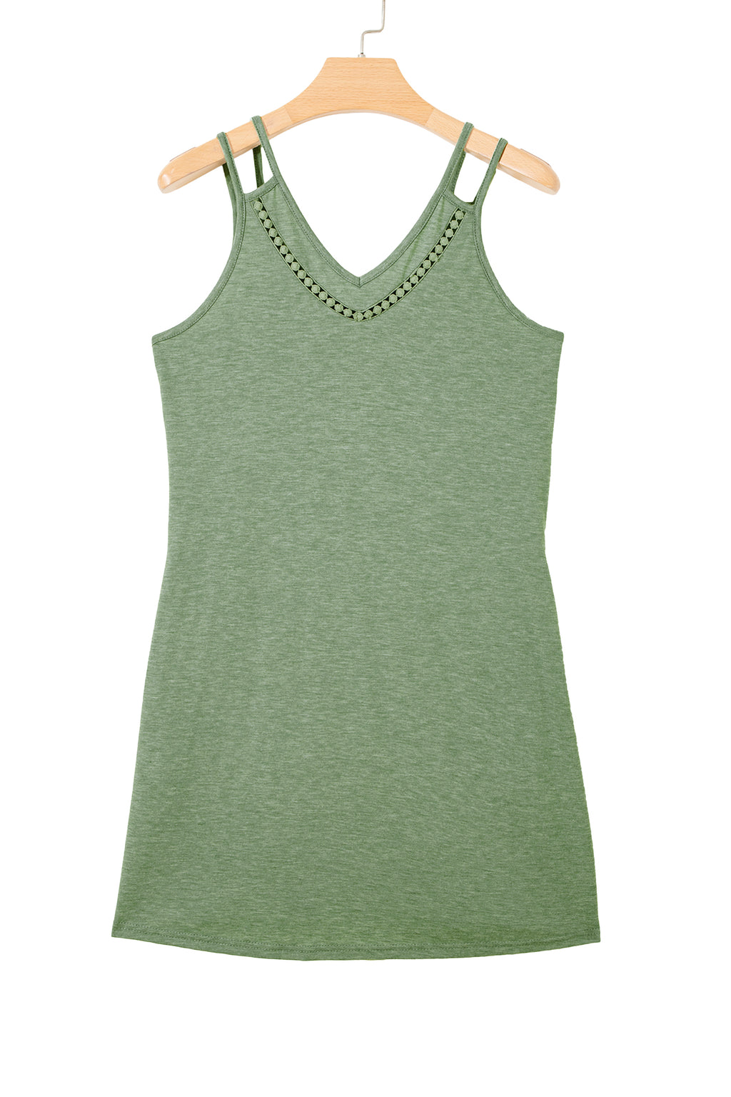 Grass Green Solid Color Lace Detail V Neck Sleeveless Shift Mini Dress