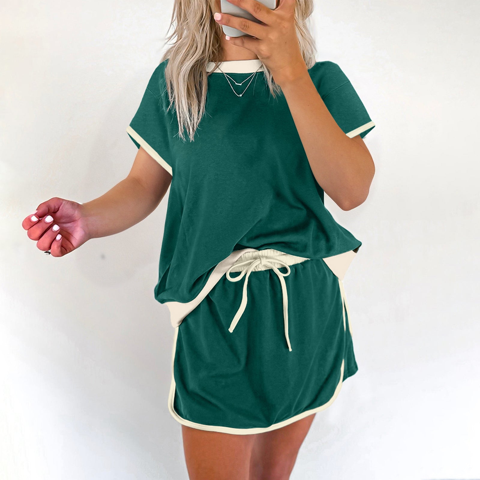 Turquoise Colorblock Edge Drop Shoulder T Shirt and Skort 2Pcs Set