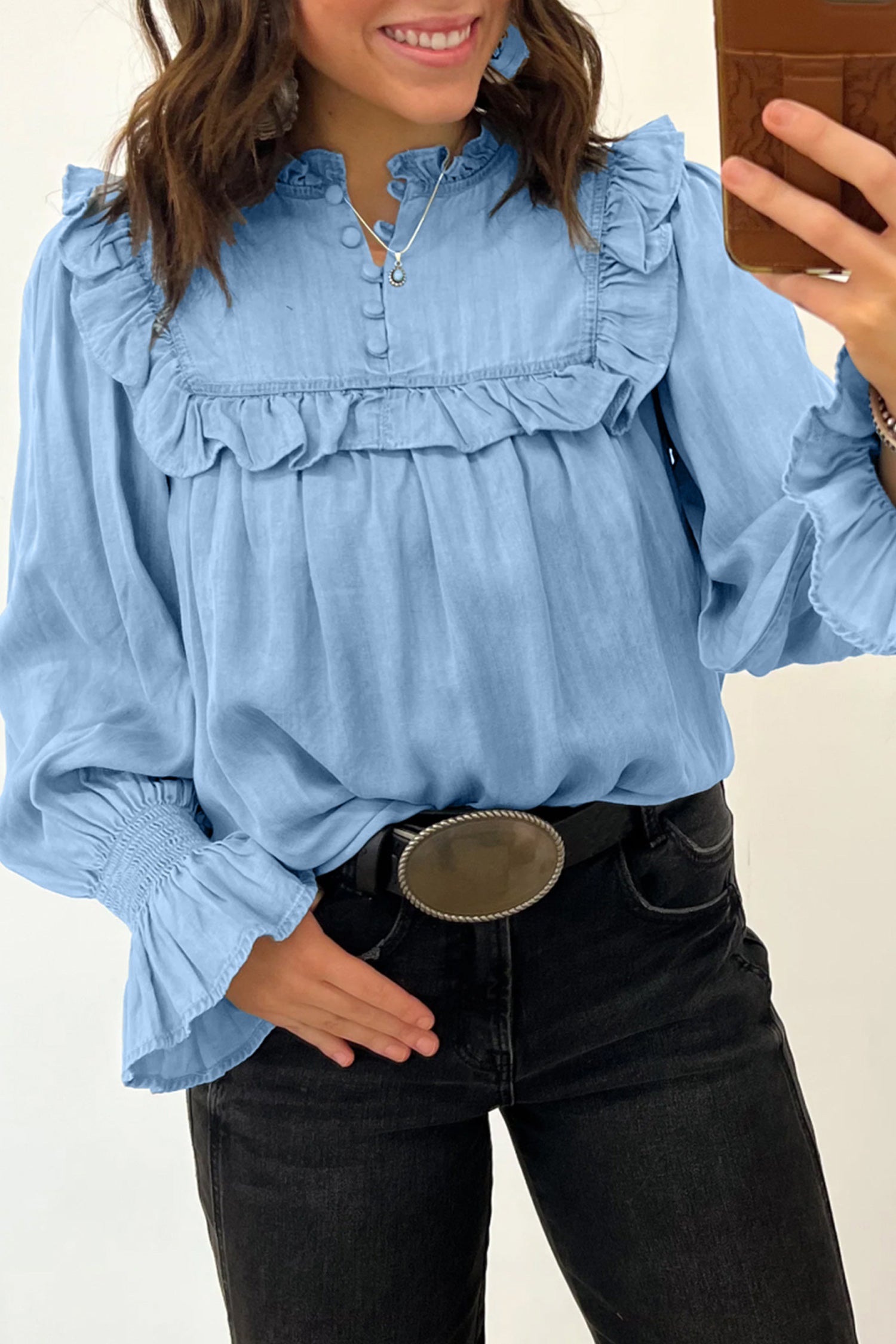 Beau Blue Western Ruffle V Neck Long Sleeve Chambray Blouse