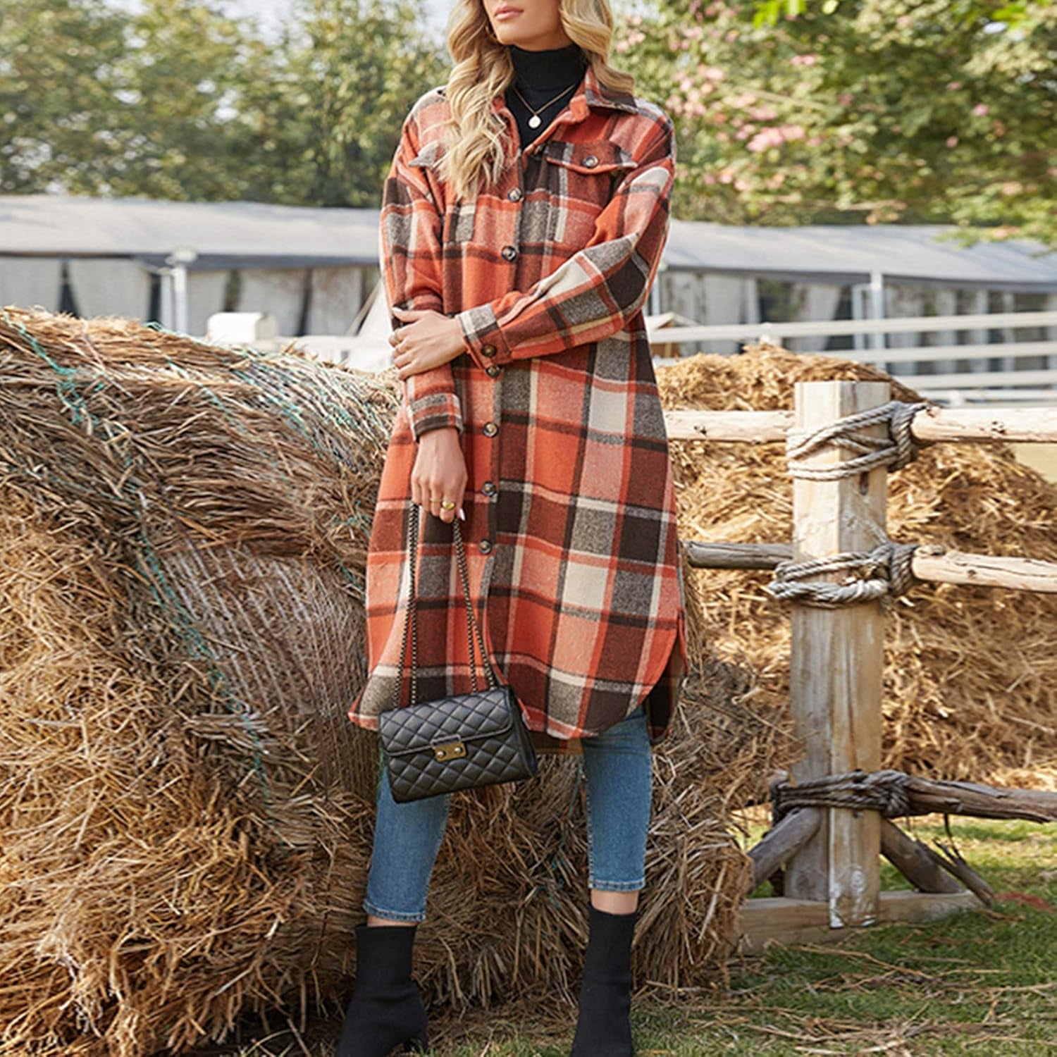 Women'S Casual Wool Blend Long Plaid Shirt Jacket Button down Pocketed Shirt Shacket
