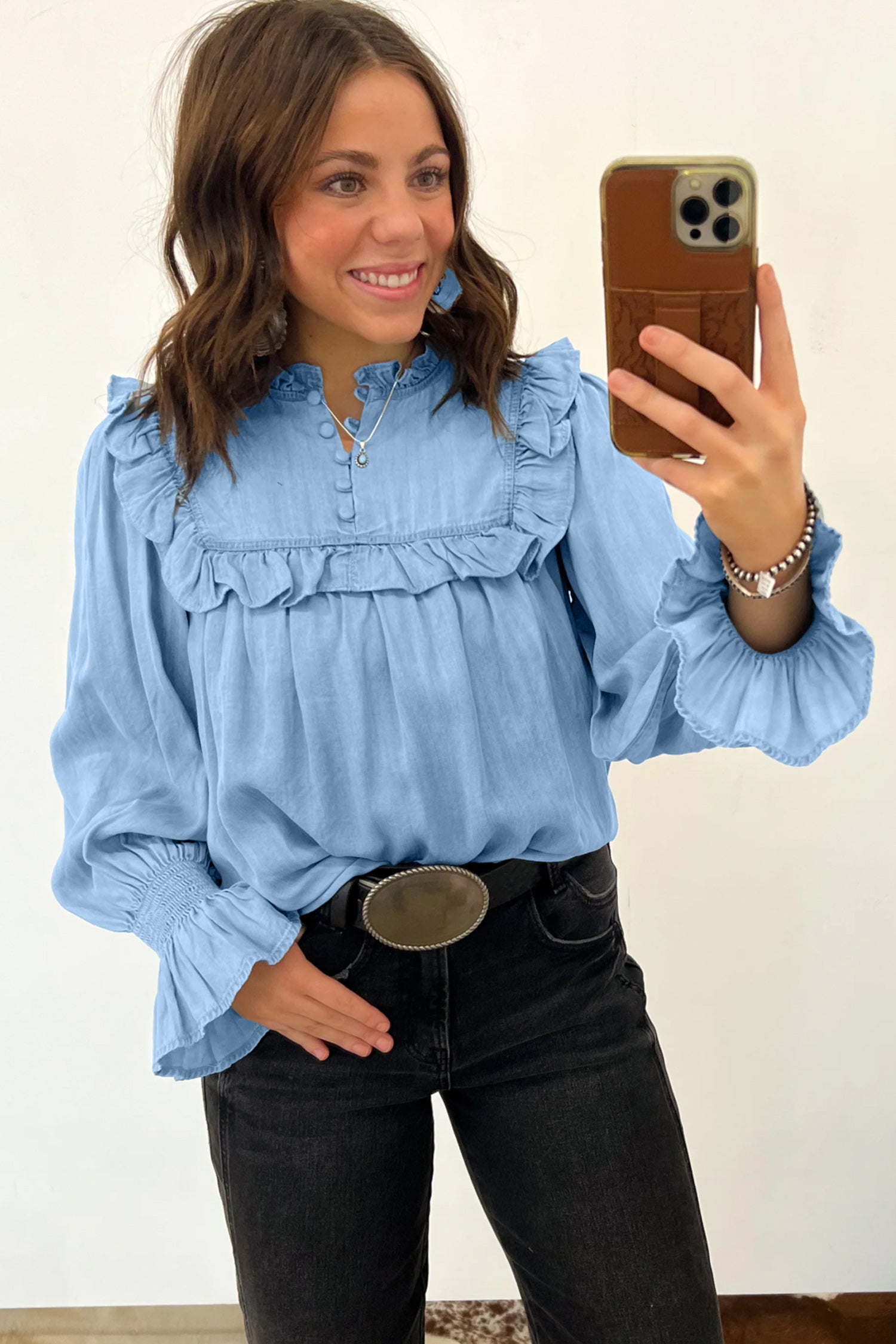 Beau Blue Western Ruffle V Neck Long Sleeve Chambray Blouse
