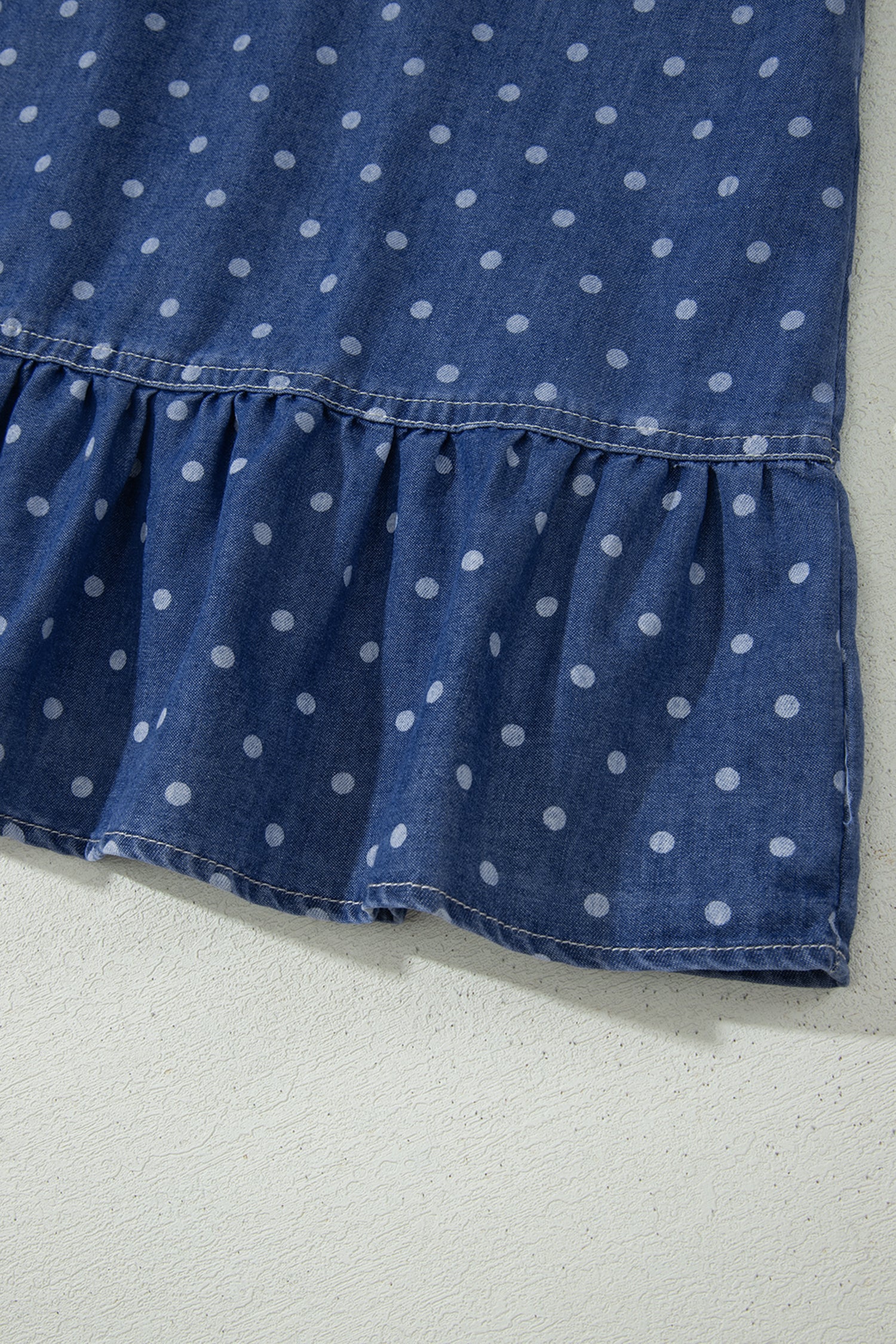 Blue Polka Dot Ruffle Hem Sleeveless Denim Mini Dress