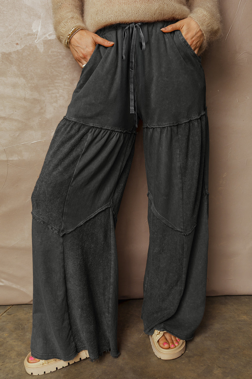 Vineyard Green Mineral Wash Tiered Wide Leg Patchwork Drawstring Pants