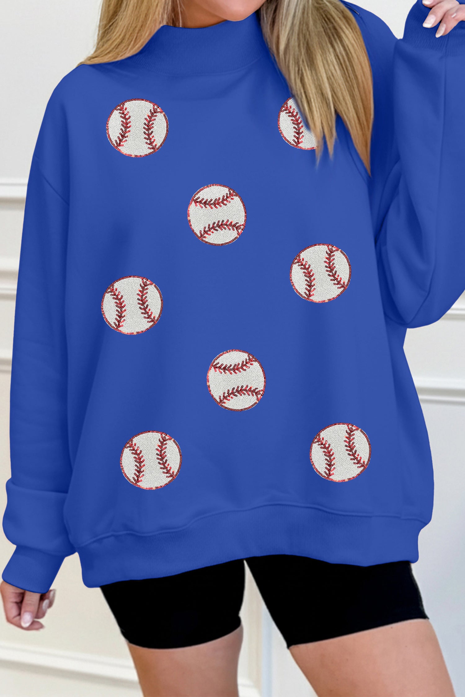 Dark Blue Sequin Baseball Patched Game Day Mock Neck Sweatshirt