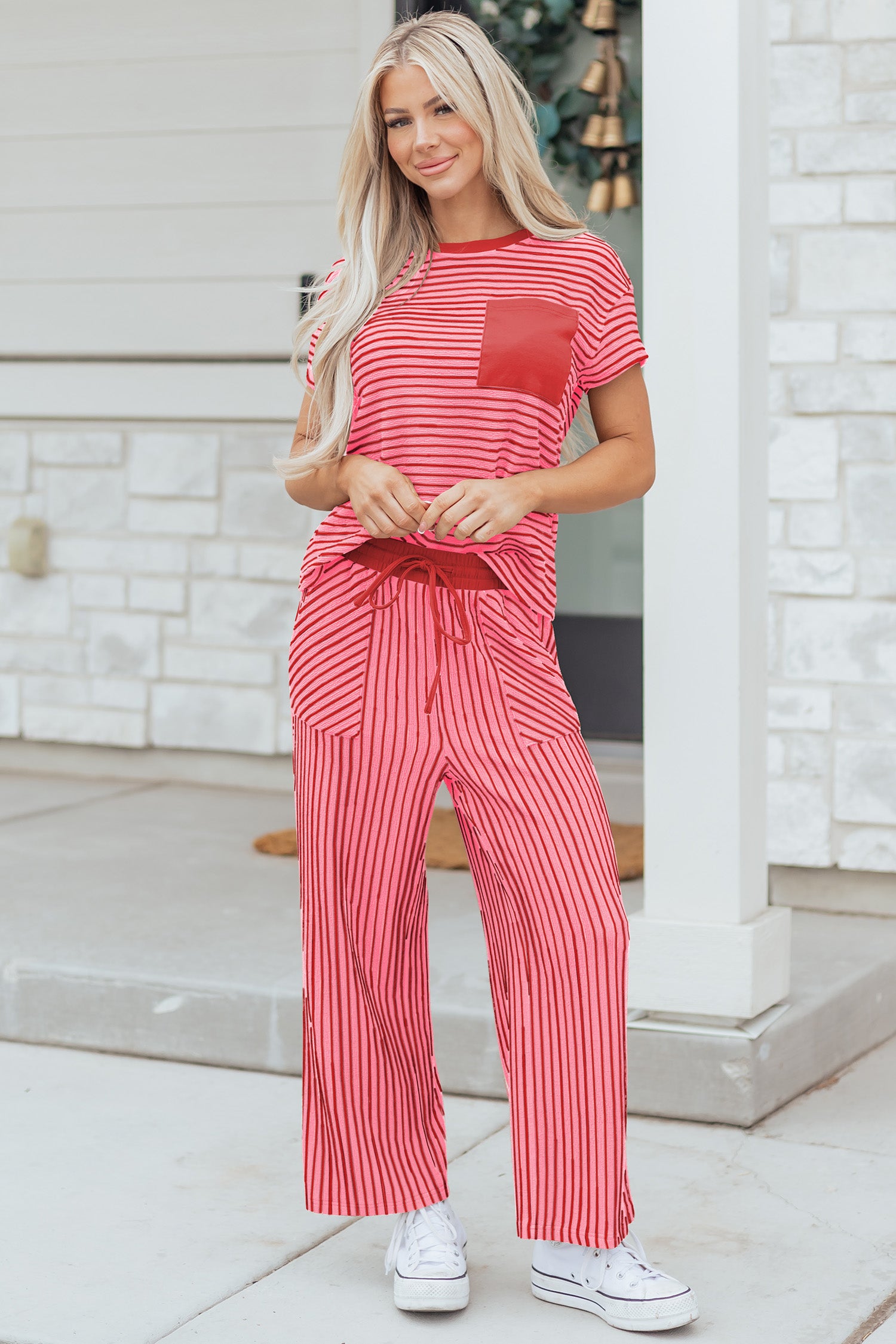 Green Stripe Crew Neck Tee Drawstring Waist Cropped Pants Set