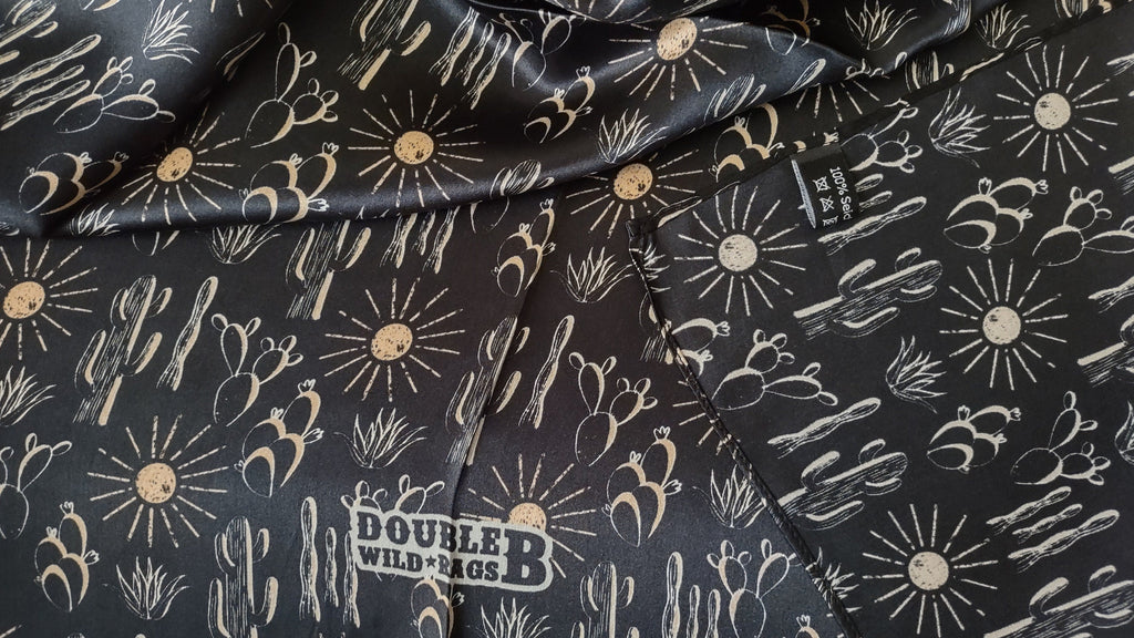 Wild Rag 100% SILK Black Cactus and Sun Western Neck Scarf Bandanna by Double B Wild Rags