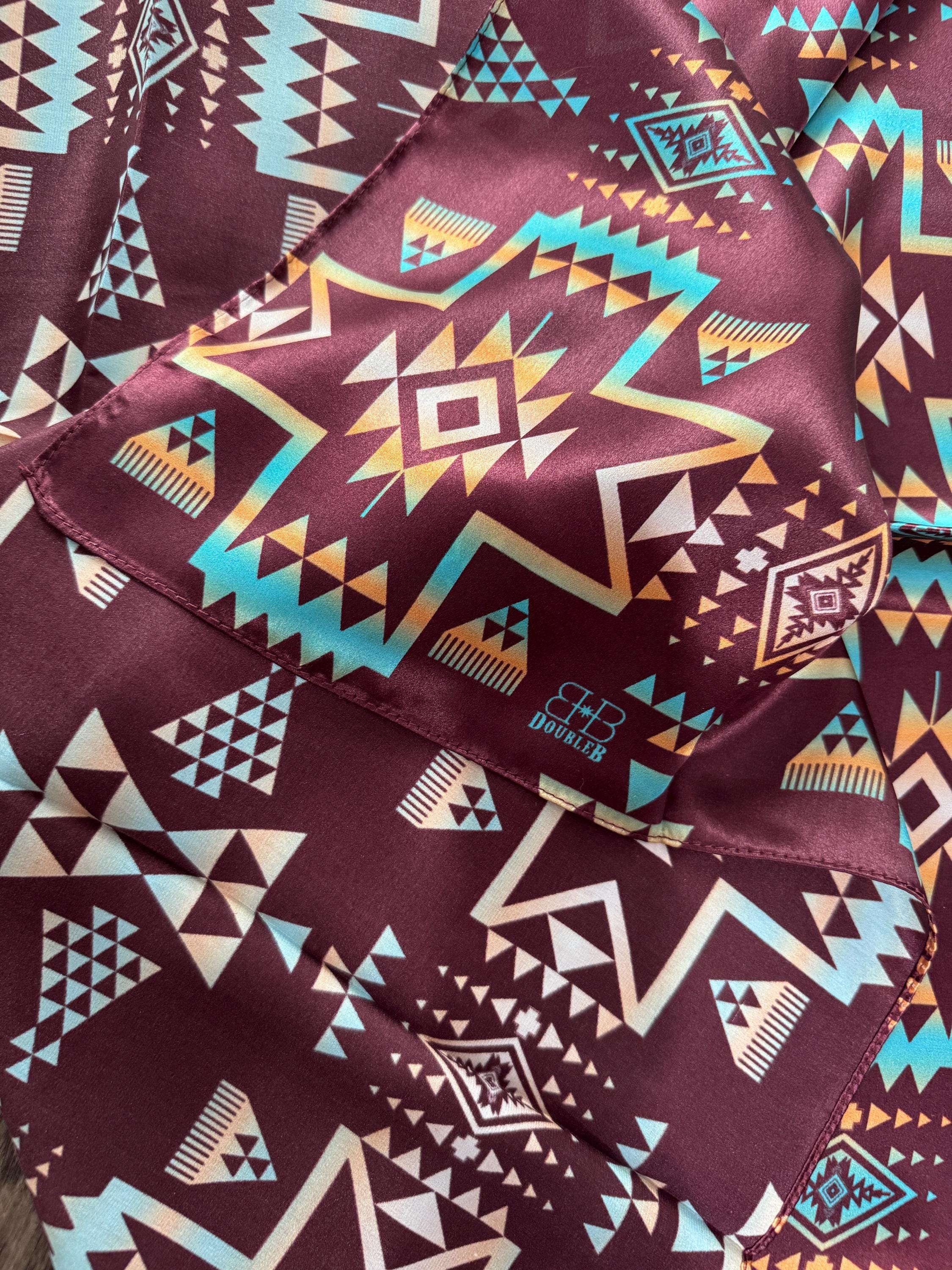100% Silk Wild Rag Plum and Turquoise Native Tribal Print by Double B Wild Rags