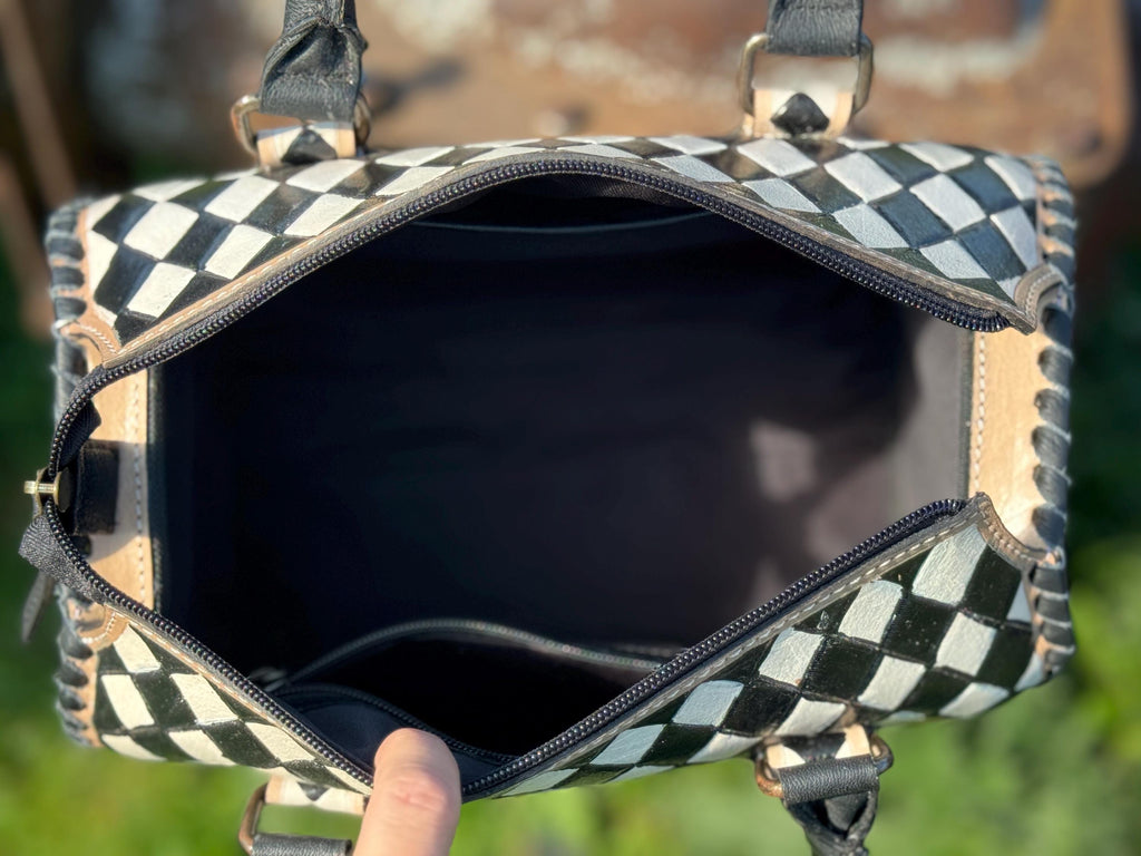Black and White Speedy Checkered Genuine Western Cowhide Leather Purse