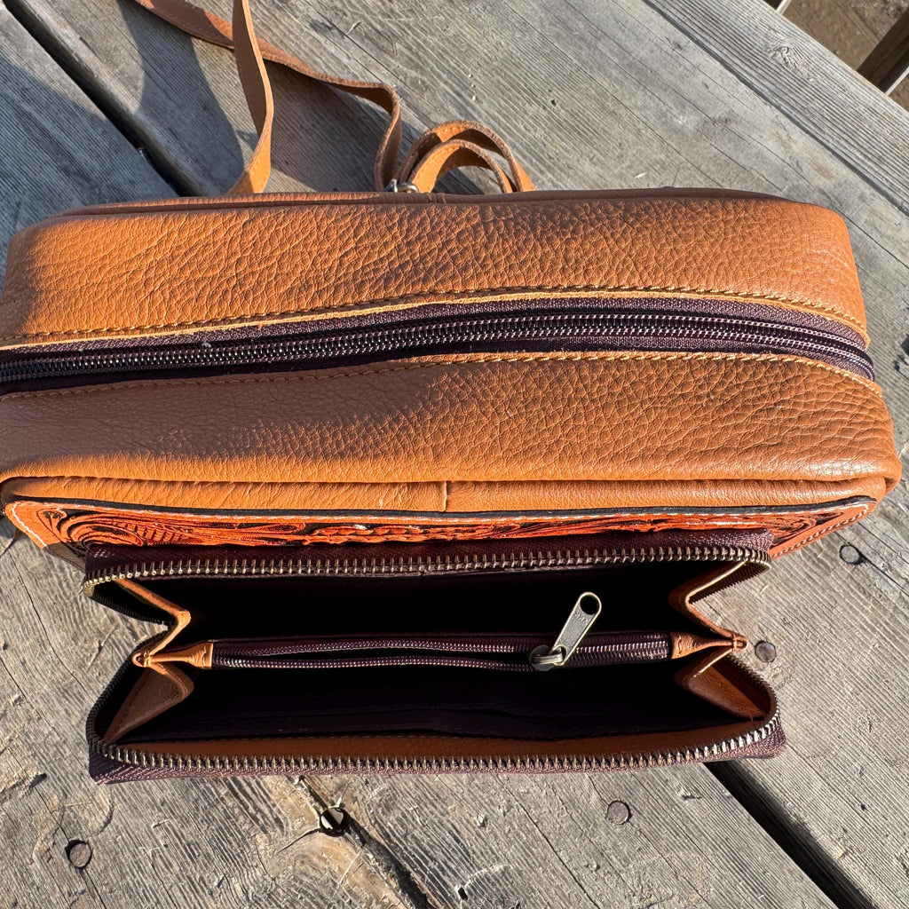 Black and Brown Genuine Western Cowhide Leather Purse with tooling and fringe
