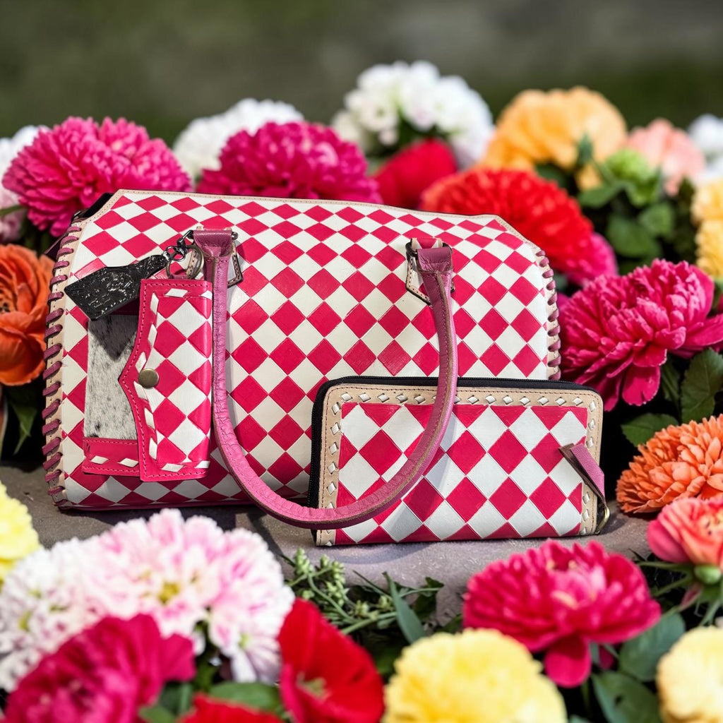 Hot Pink Checkered Speedy Western Genuine Leather Purse and wallet set