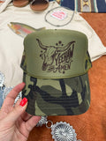 Yeehaw and Amen Longhorn Camo Trucker Hat